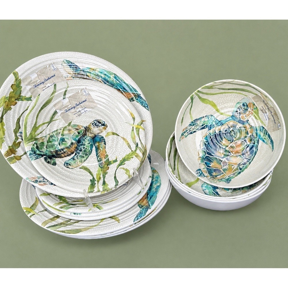 Tommy Bahama 12 pc SEA TURTLE MELAMINE DINNER SALAD PLATES BOWLS Coastal NEW 🐢